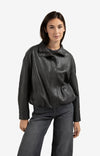 Yaya Short faux leather jacket with elastic hem - Anthracite Brown