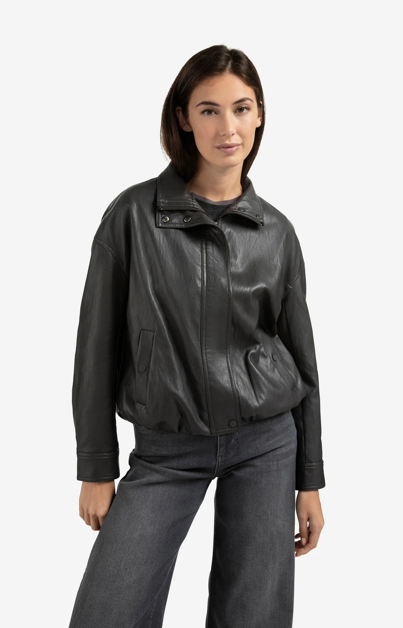 Yaya Short faux leather jacket with elastic hem - Anthracite Brown