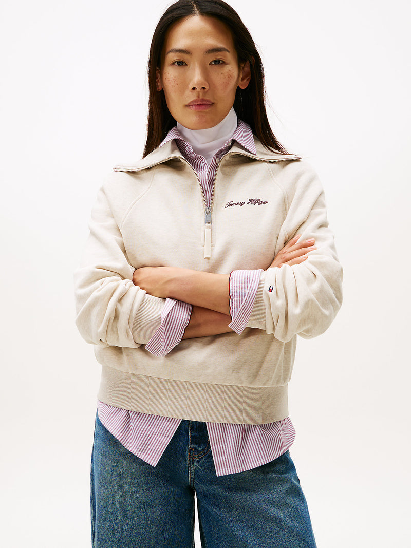 Tommy Hilfiger Interlock Knit Fleece Half Zip Jumper - “Heather Oatmilk”