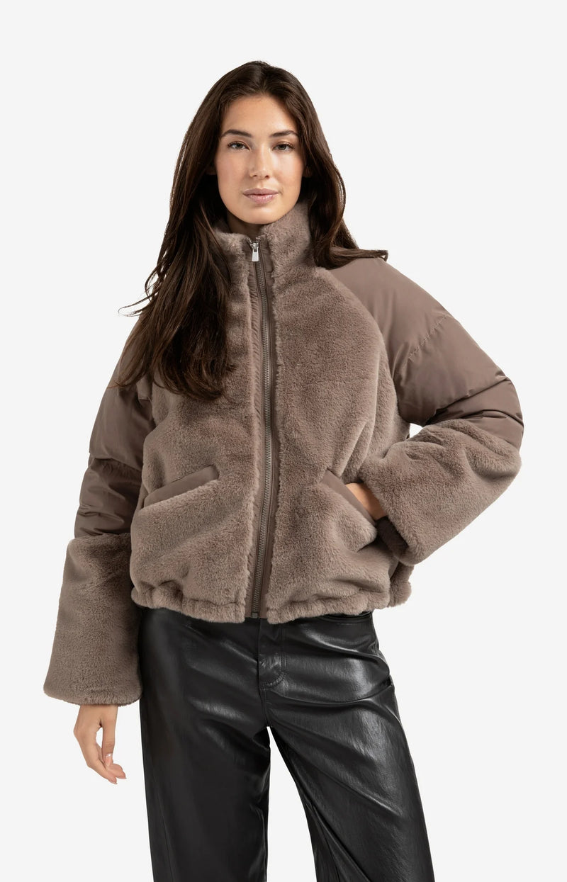 Yaya Short teddy jacket with padded sleeves - Brown