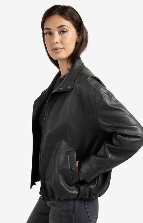 Yaya Short faux leather jacket with elastic hem - Anthracite Brown