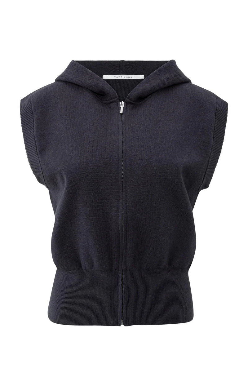 Yaya Sleeveless hoodie with zipper and hood - Navy