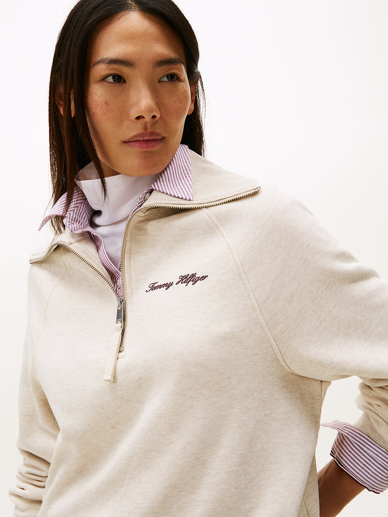 Tommy Hilfiger Interlock Knit Fleece Half Zip Jumper - “Heather Oatmilk”