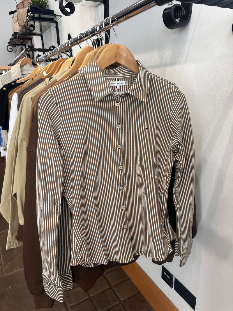 Tommy Hilfiger Slim Fit Pique Brown Stripe Shirt