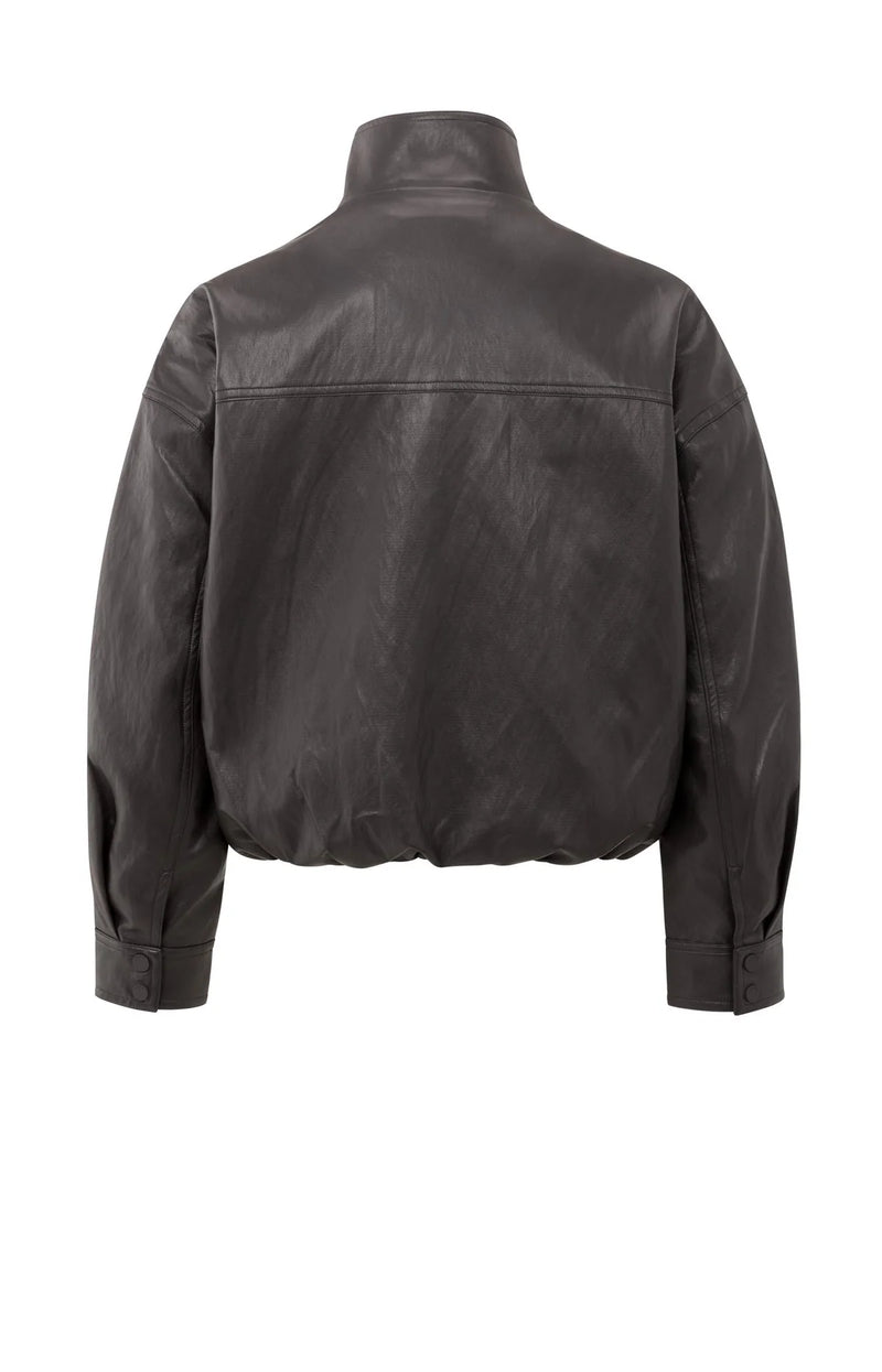 Yaya Short faux leather jacket with elastic hem - Anthracite Brown