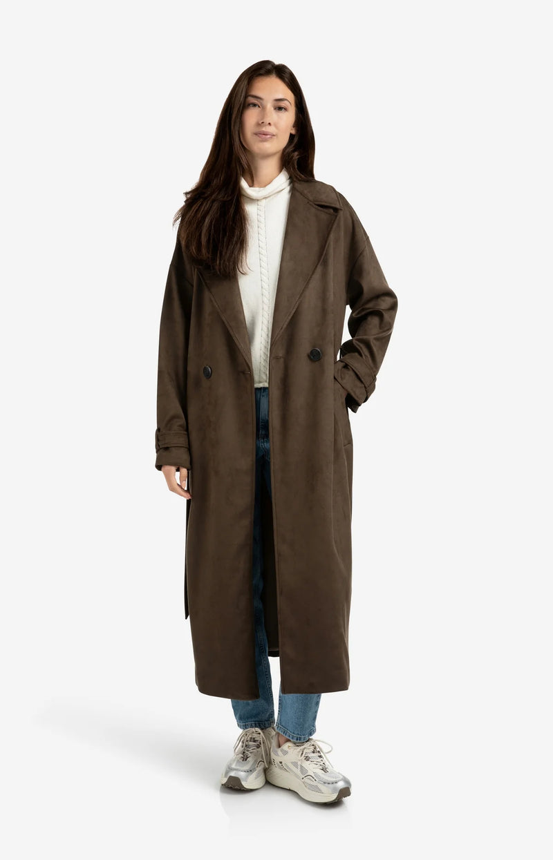 Yaya Long suedine coat with belt - Brown