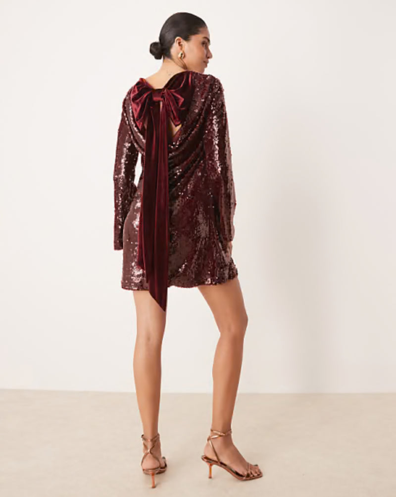 Pretty Lavish Brioni Sequin Bow Mini Dress- Wine