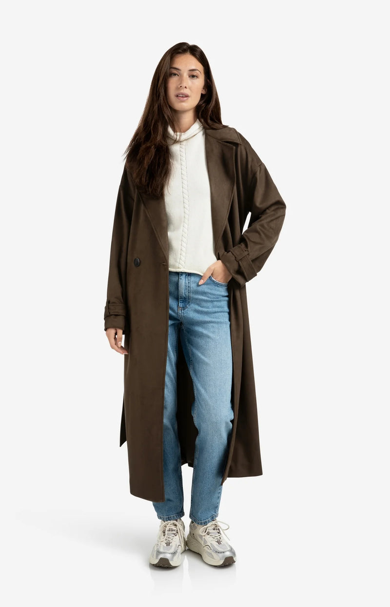 Yaya Long suedine coat with belt - Brown