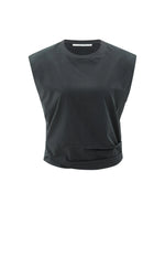 Sleeveless top with shoulder pads and pleat detail