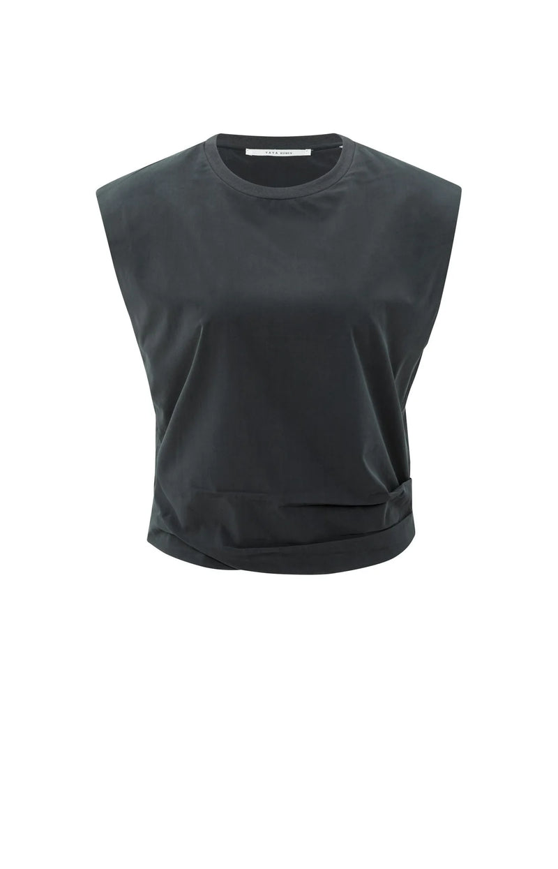 Sleeveless top with shoulder pads and pleat detail