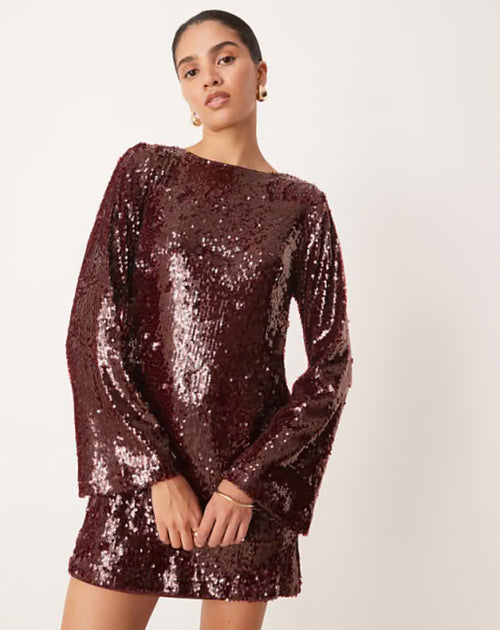 Pretty Lavish Brioni Sequin Bow Mini Dress- Wine