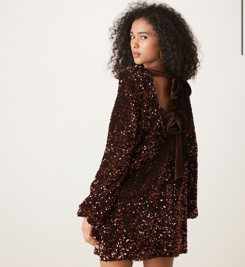 Pretty Lavish Bow Cluster Sequin Shift Dress - Brown