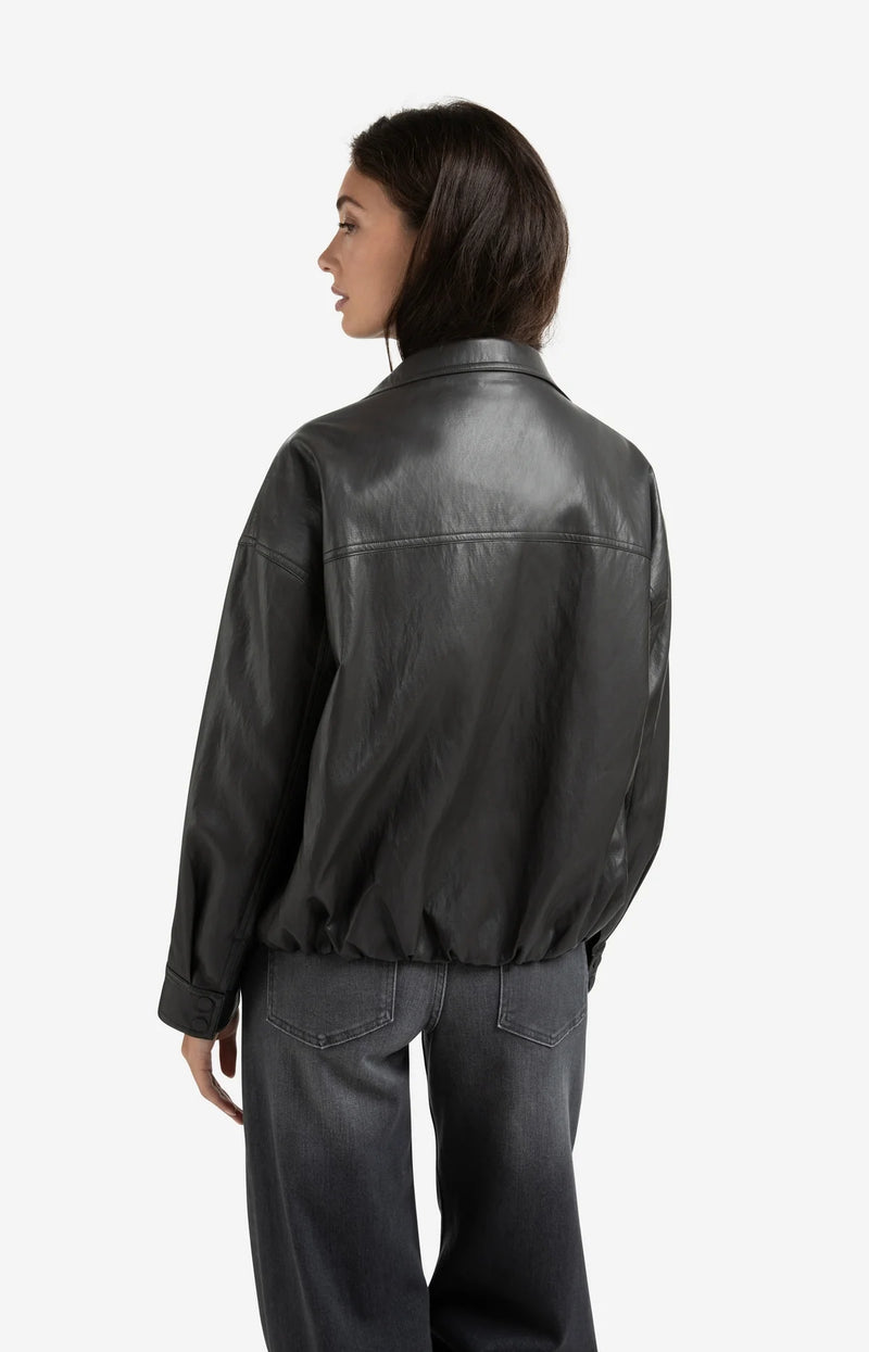 Yaya Short faux leather jacket with elastic hem - Anthracite Brown