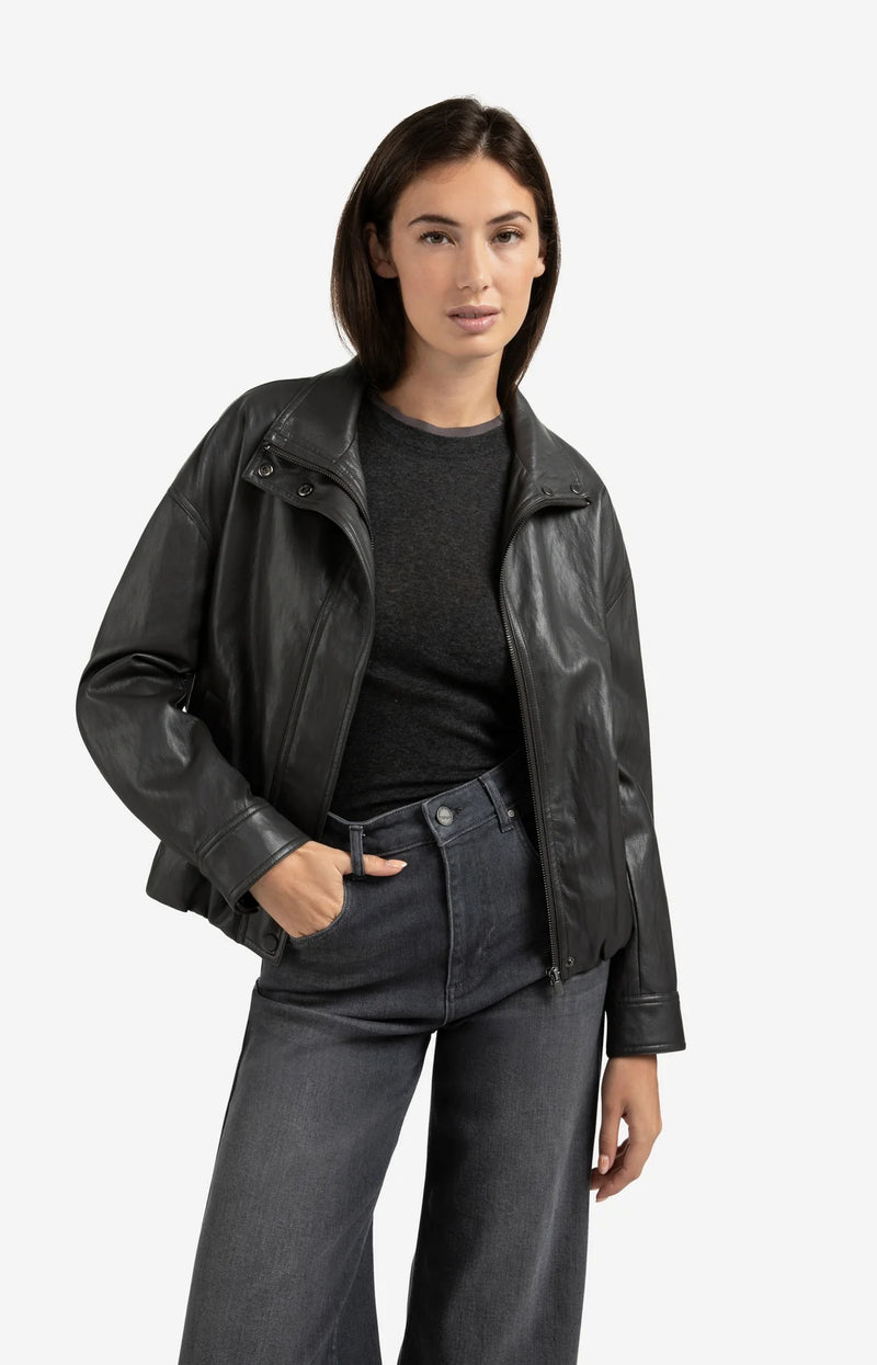 Yaya Short faux leather jacket with elastic hem - Anthracite Brown