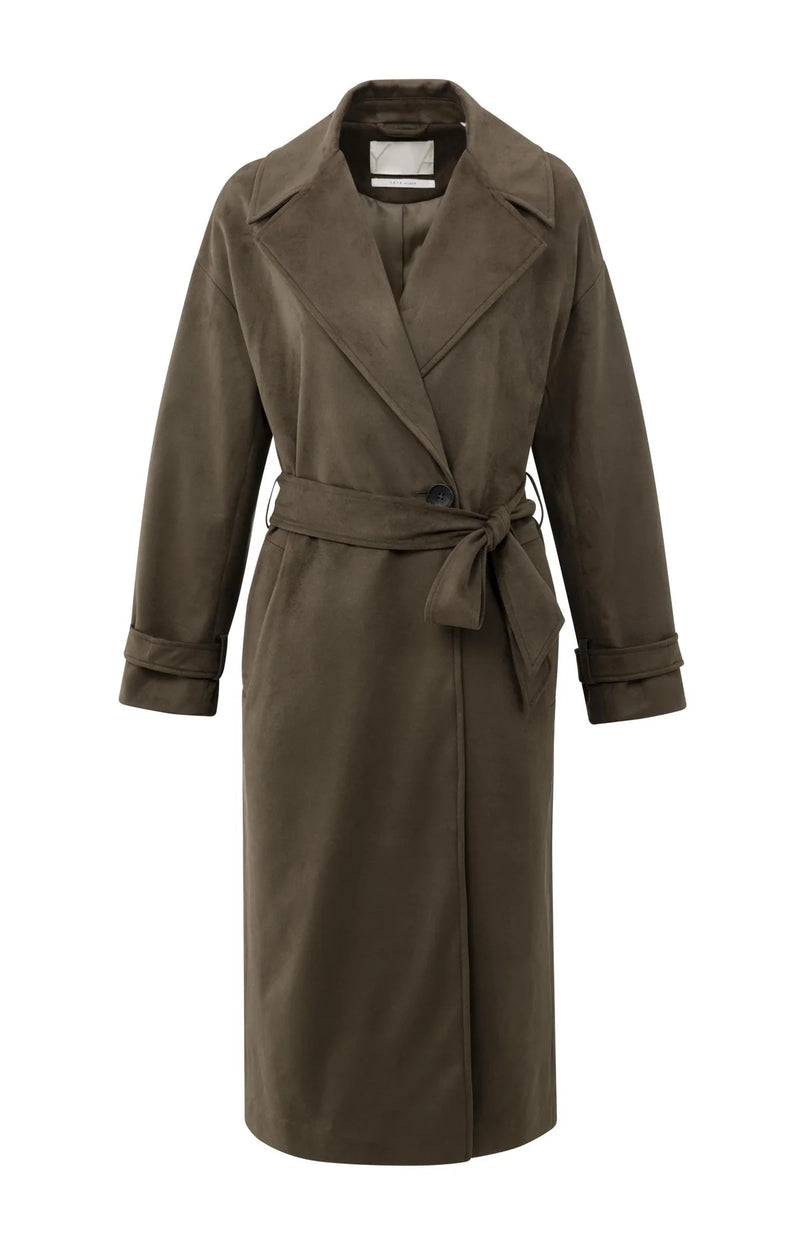 Yaya Long suedine coat with belt - Brown