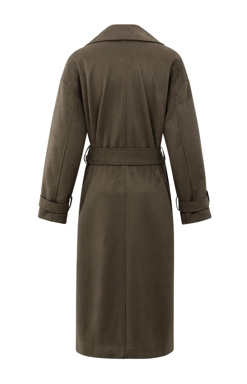 Yaya Long suedine coat with belt - Brown