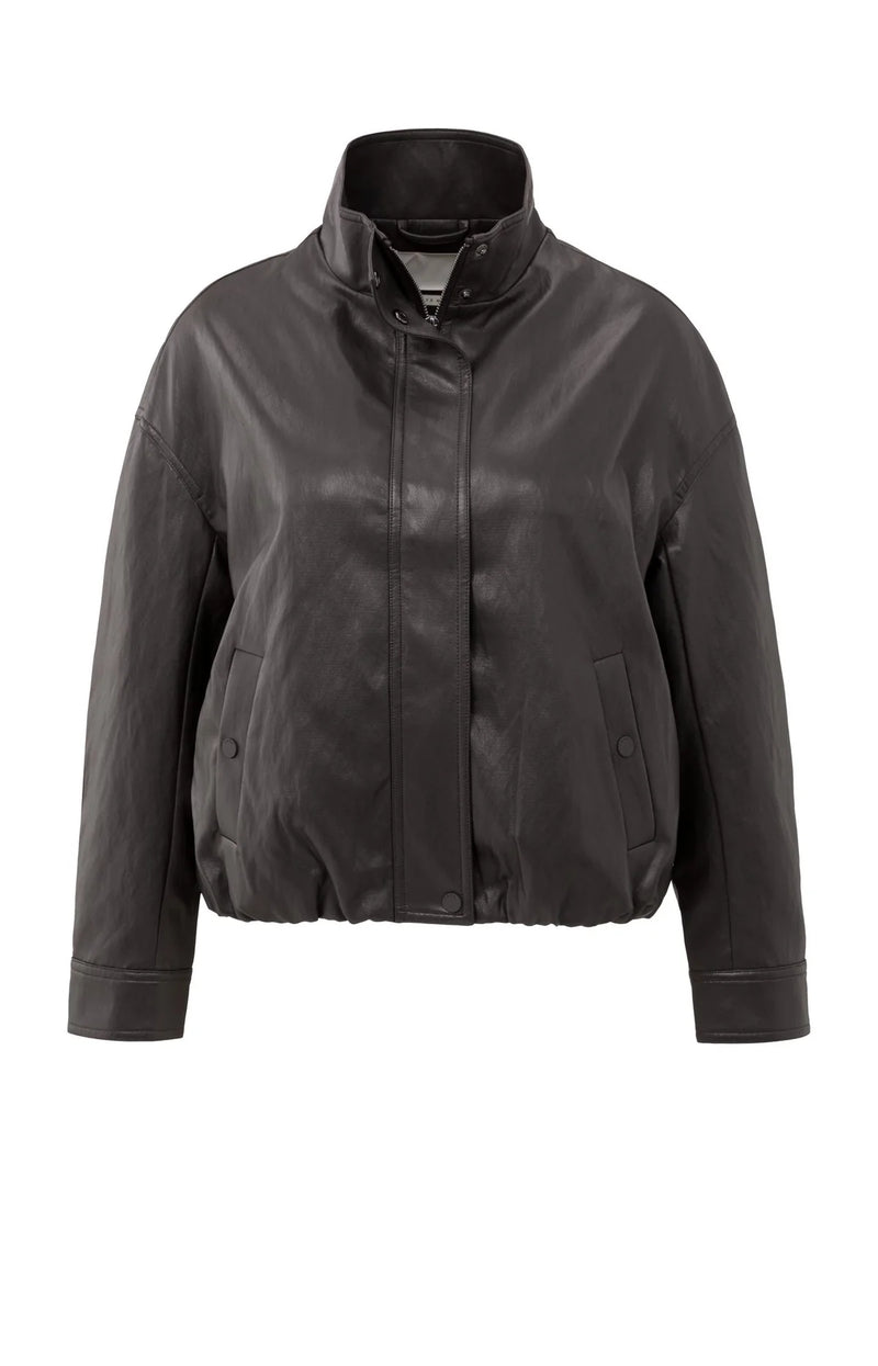 Yaya Short faux leather jacket with elastic hem - Anthracite Brown