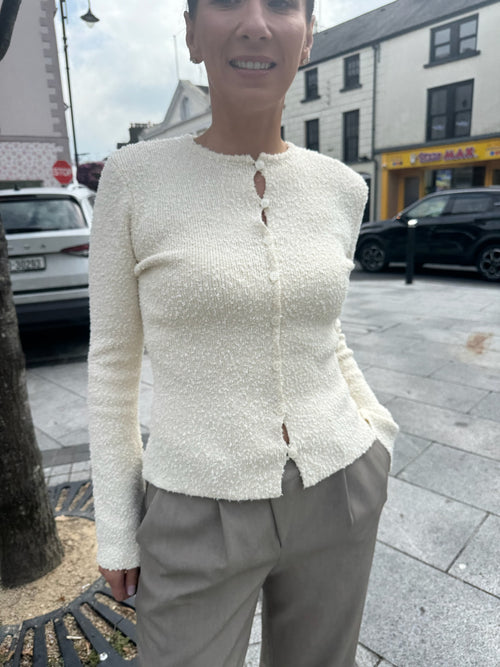 Pretty Lavish Dayo Boucle Knit Button Down Top-Cream