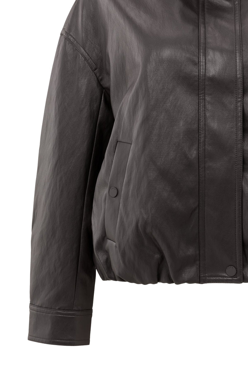 Yaya Short faux leather jacket with elastic hem - Anthracite Brown