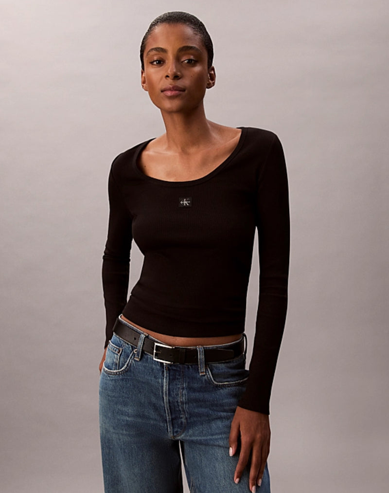 Calvin Klein Ribbed Cotton Long Sleeve Top - Black