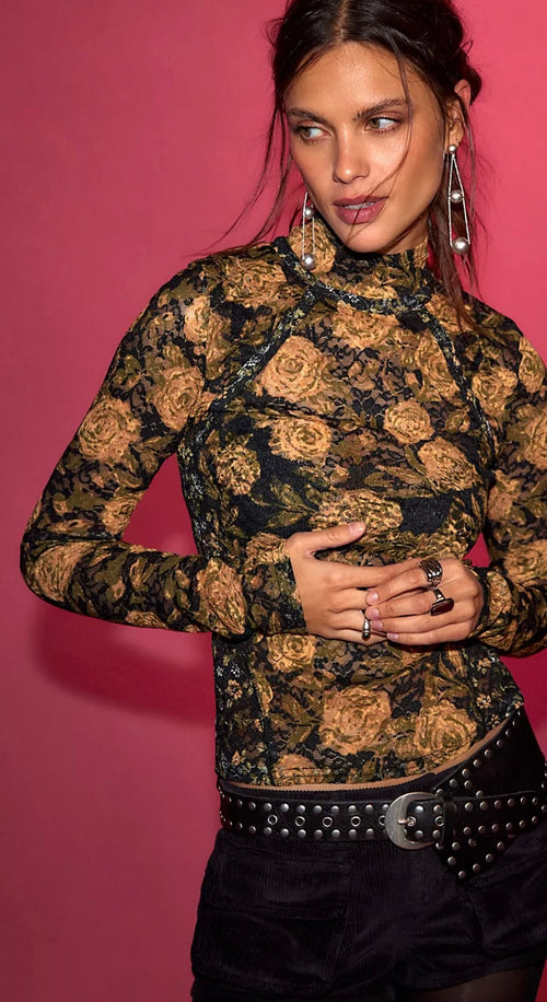 Free People Sheer Lace TurtleNeck Top