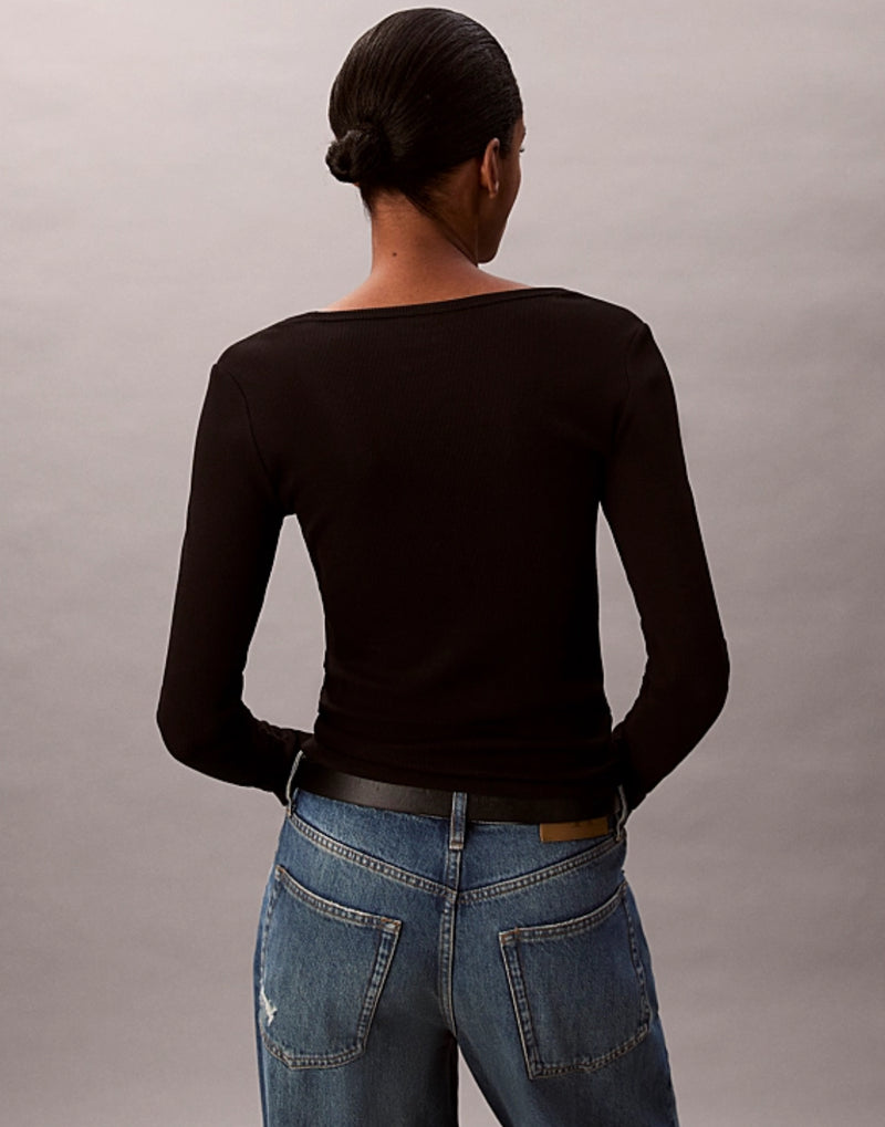 Calvin Klein Ribbed Cotton Long Sleeve Top - Black