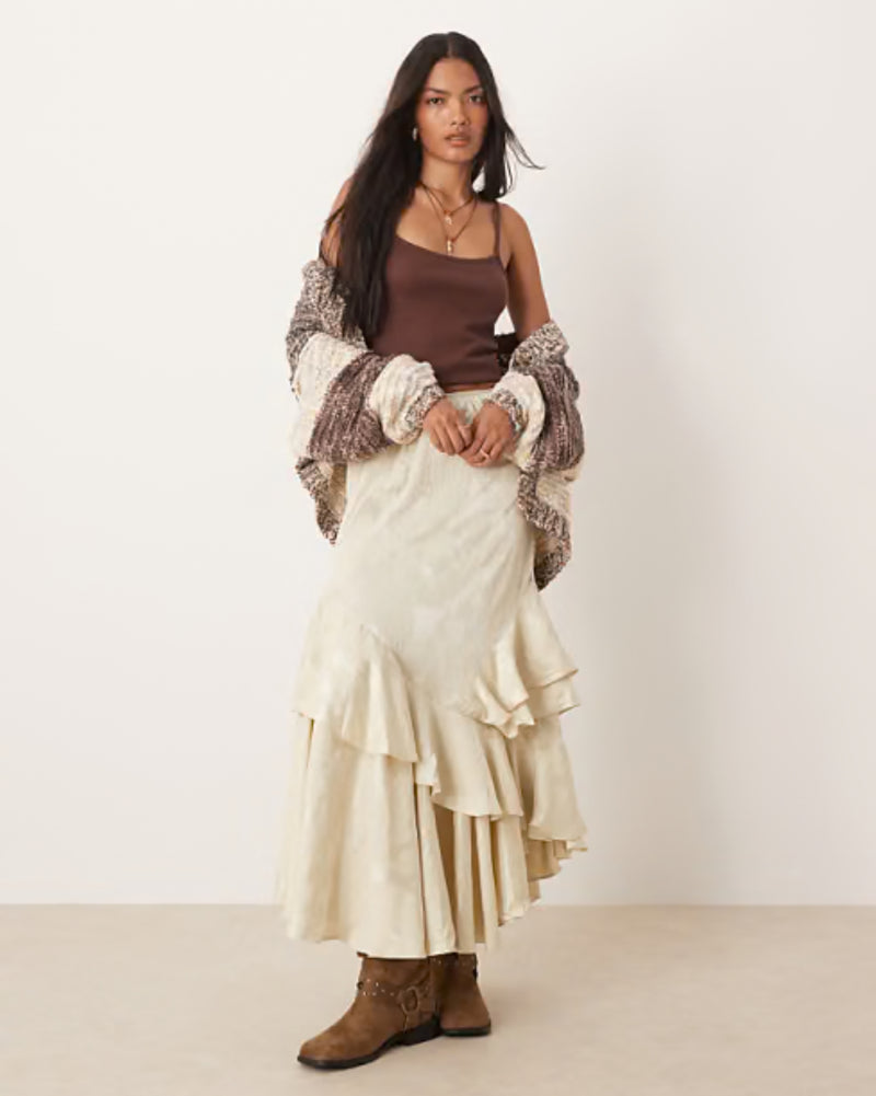 Free People Cream Ruffle Tiered Maxi Skirt