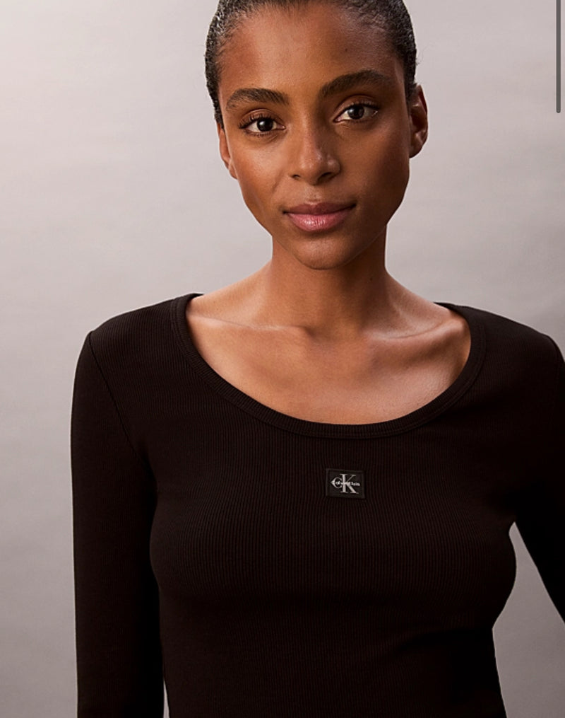 Calvin Klein Ribbed Cotton Long Sleeve Top - Black