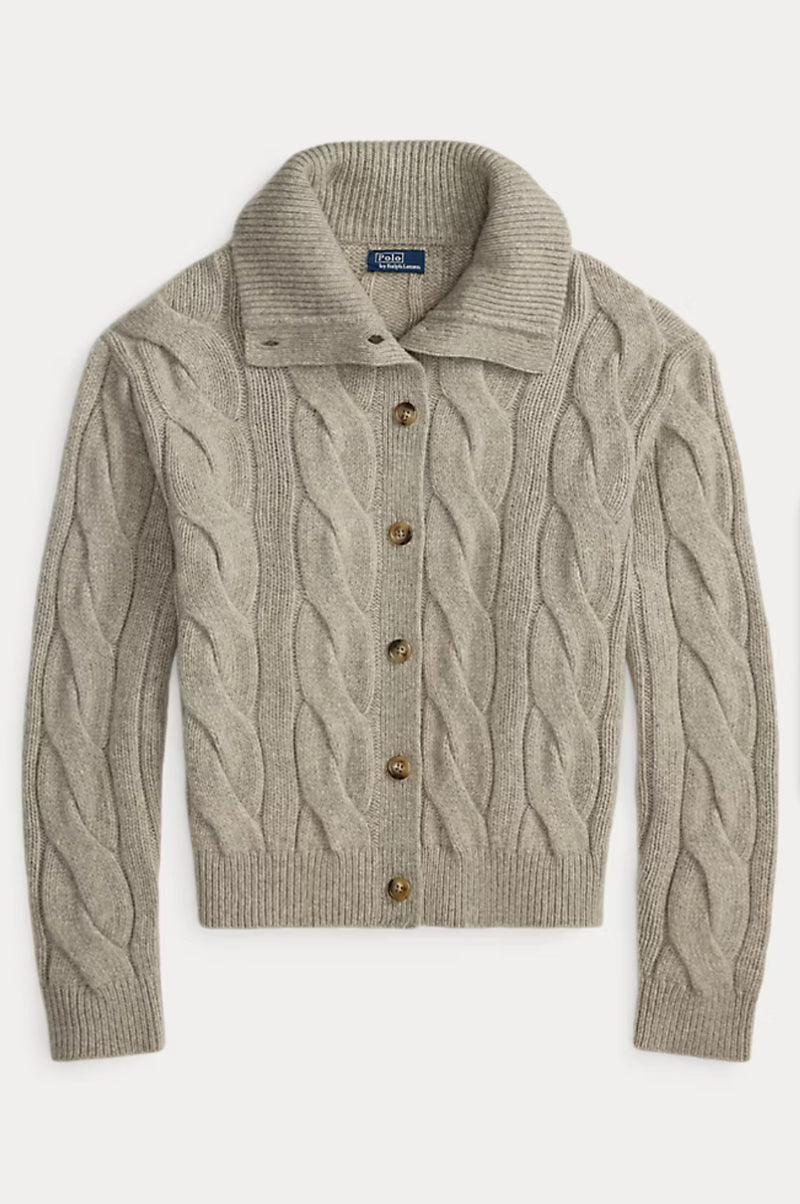 Ralph Lauren Cable Wool-Cashmere Cardigan - Gray/ Sand