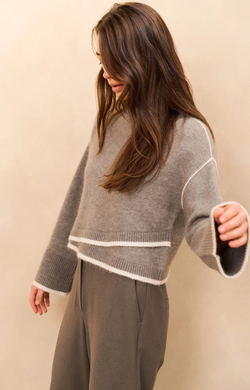 Yaya Sweater with Contrast Lines - Taupe Grey Melange