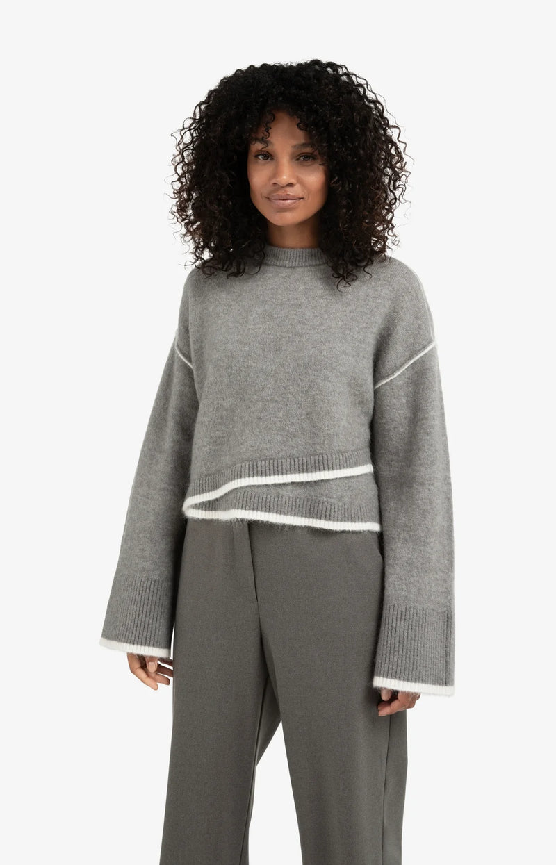 Yaya Sweater with Contrast Lines - Taupe Grey Melange
