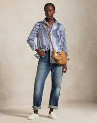 Polo Ralph Lauren Oversize Fit Striped Cotton Shirt in Fall Royal/White