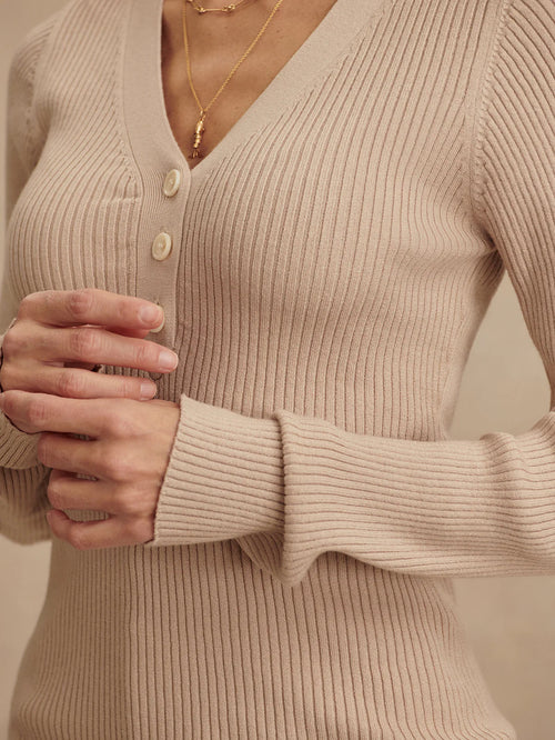 Varley Blanca V-Neck Rib Knit Top - Beige