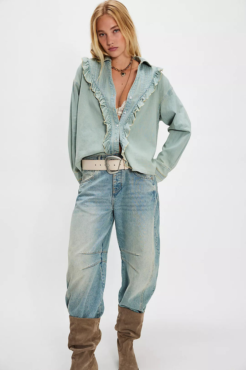 We The Free Tattered And Ruffled Denim Top