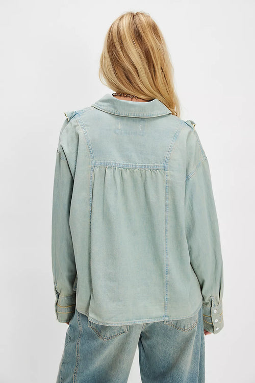 We The Free Tattered And Ruffled Denim Top