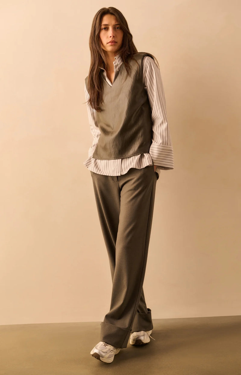 Yaya Trousers with Turn-Ups - Dark Taupe Grey Melange