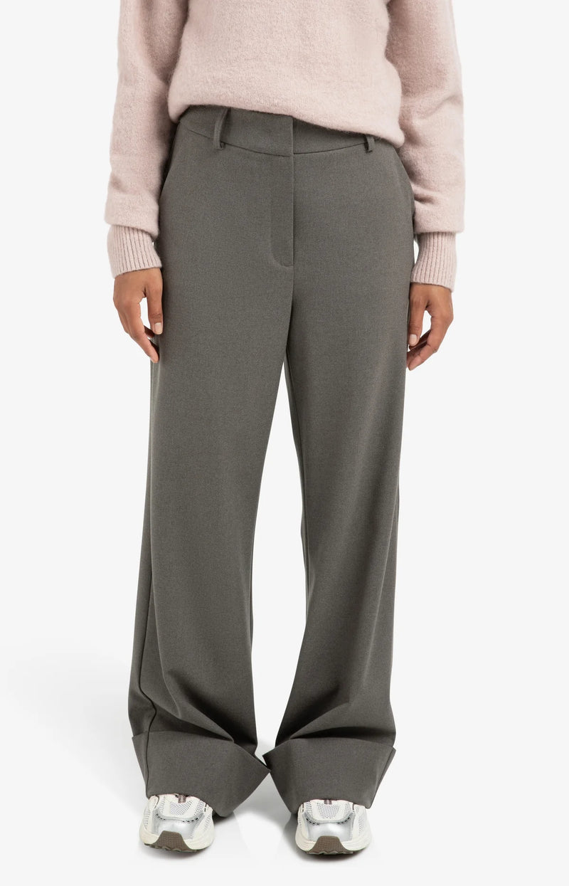 Yaya Trousers with Turn-Ups - Dark Taupe Grey Melange