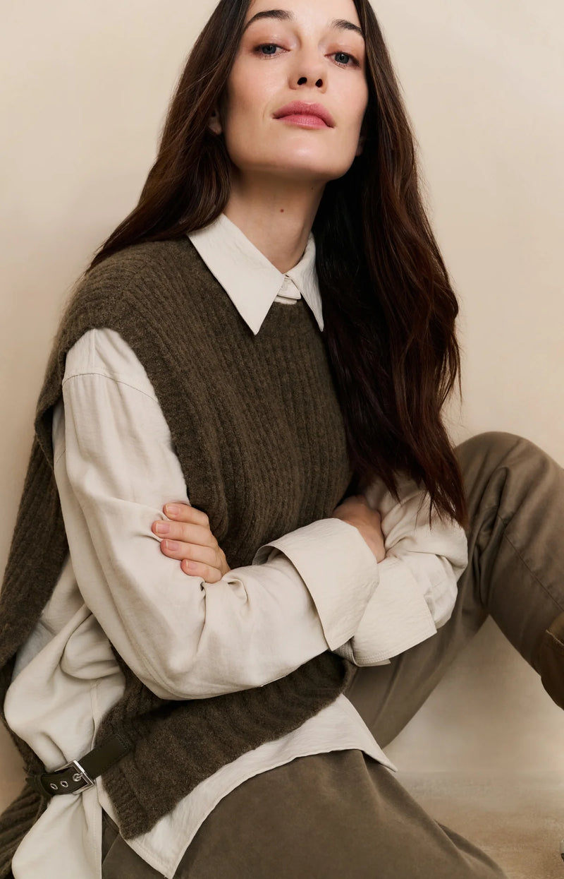 Yaya Ribbed Sleeveless Gilet with Buckle - Capers Melange