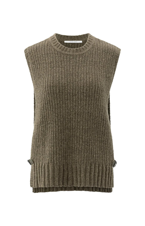Yaya Ribbed Sleeveless Gilet with Buckle - Capers Melange