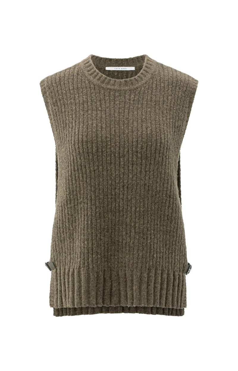 Yaya Ribbed Sleeveless Gilet with Buckle - Capers Melange