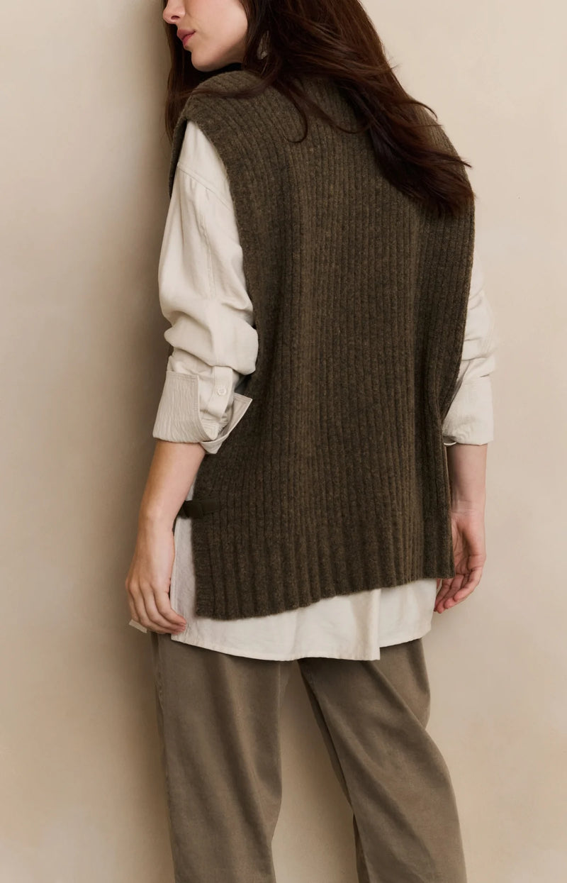 Yaya Ribbed Sleeveless Gilet with Buckle - Capers Melange