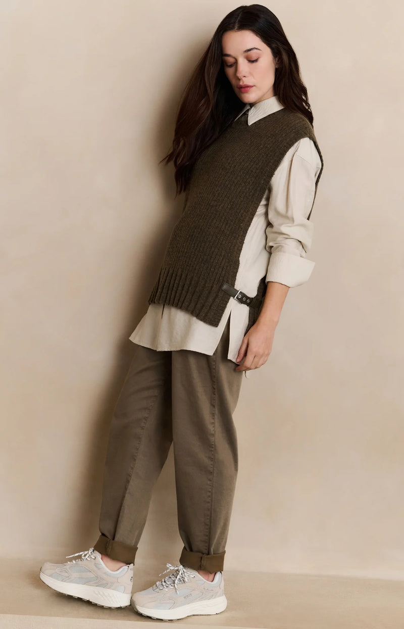 Yaya Ribbed Sleeveless Gilet with Buckle - Capers Melange