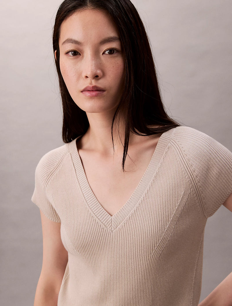 Calvin Klein Cream Ribbed Top with Slit Details