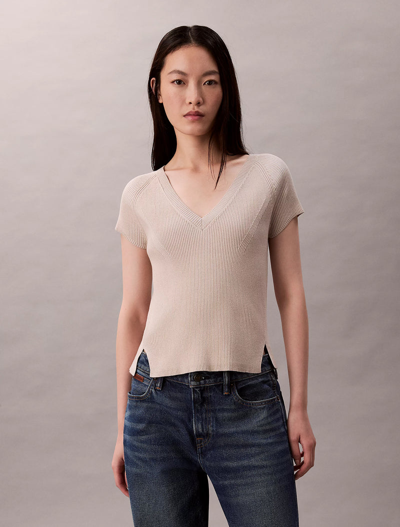 Calvin Klein Cream Ribbed Top with Slit Details