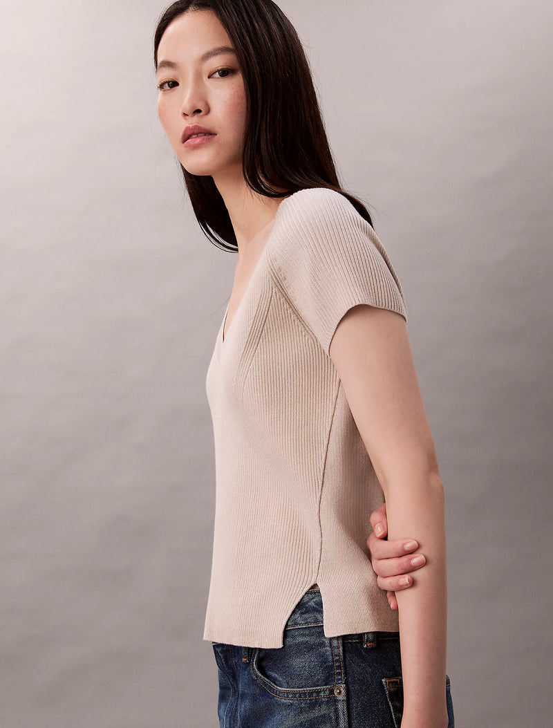 Calvin Klein Cream Ribbed Top with Slit Details